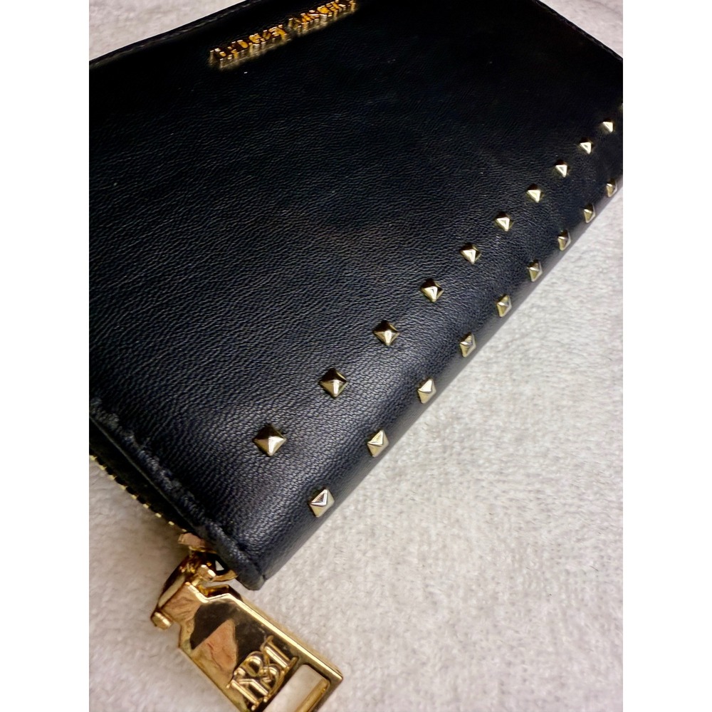 Badgley Mischka Black Studded Zip Around Wallet Gold Hardware Logo Long Clutch - Picture 8 of 8